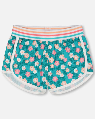 Turquoise Printed with Striped Waist Viscose Shorts