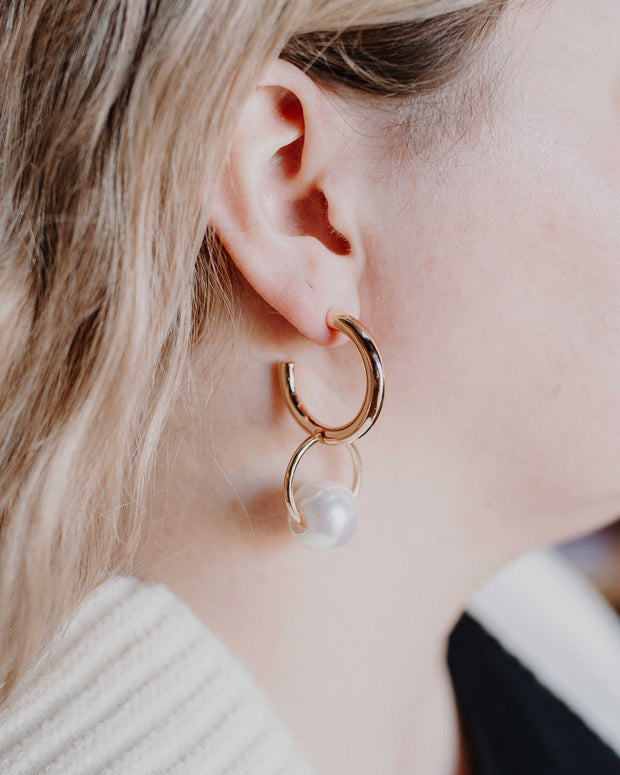 Gold Hoop Linked Pearl Earrings