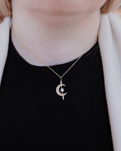 Crescent CZ Moon & Pearl Necklace
