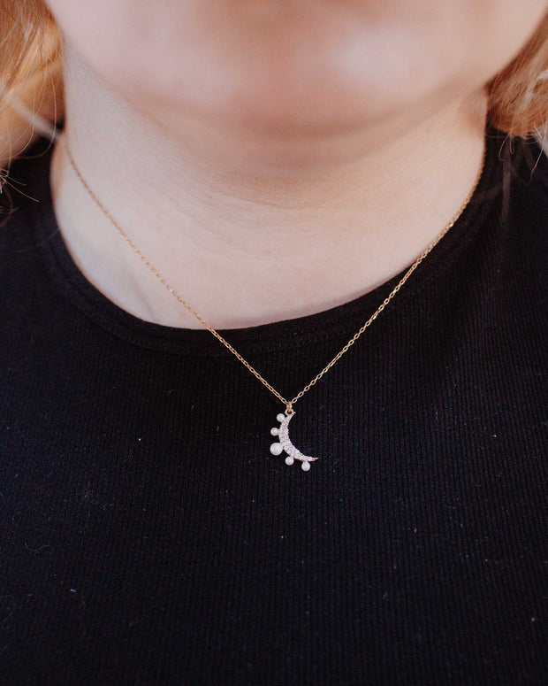 Pearl & CZ Small Crescent Moon Necklace
