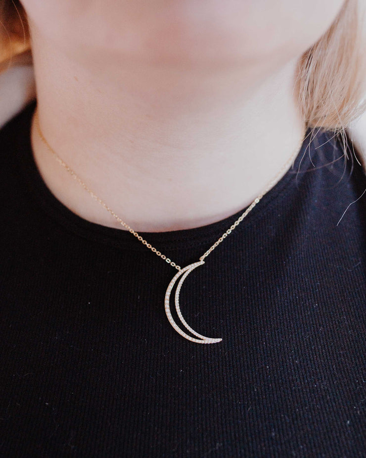 Pearl & CZ Large Crescent Moon Necklace