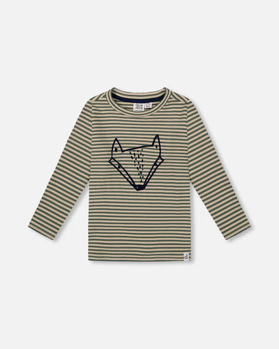 Green And Beige Super Soft Striped T-Shirt With Print