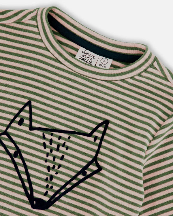 Green And Beige Super Soft Striped T-Shirt With Print