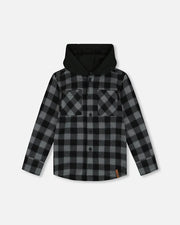 Soft Grey & Black Plaid Hooded Polar Shirt