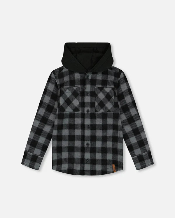 Soft Grey & Black Plaid Hooded Polar Shirt