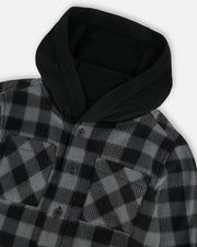 Soft Grey & Black Plaid Hooded Polar Shirt