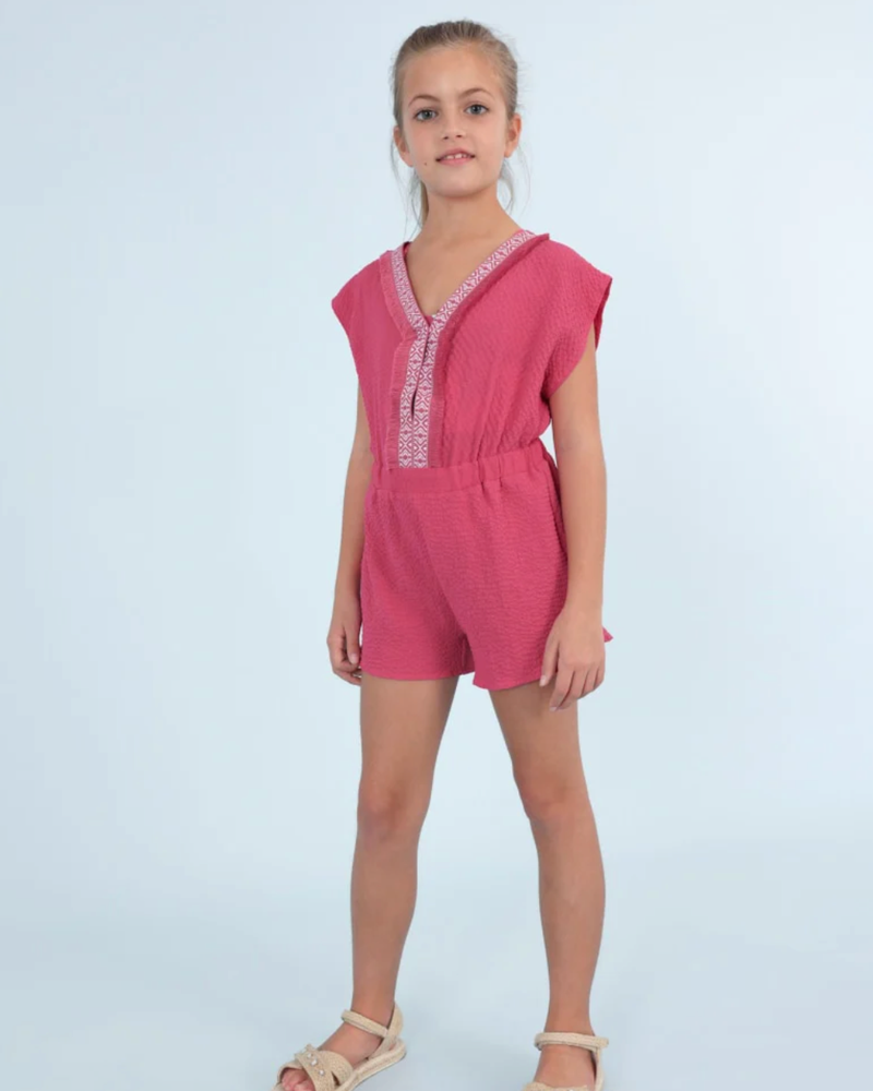 Hot Pink Embroidered Tween Romper