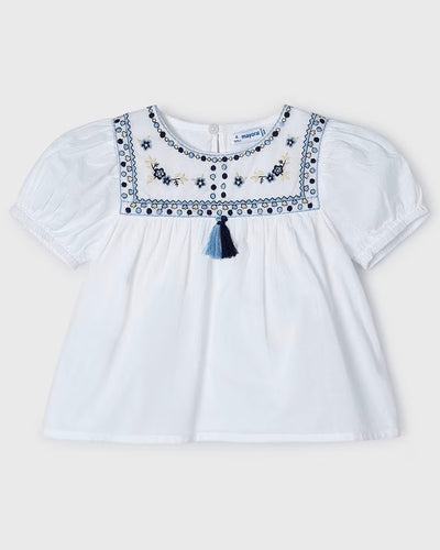 White Blouse with Blue Embroidery