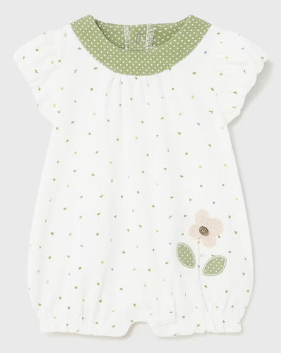 White Dotted Romper with Daisy Appliqué