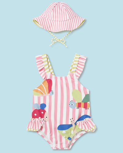 Pink Stripe Printed Swimsuit & Hat Set