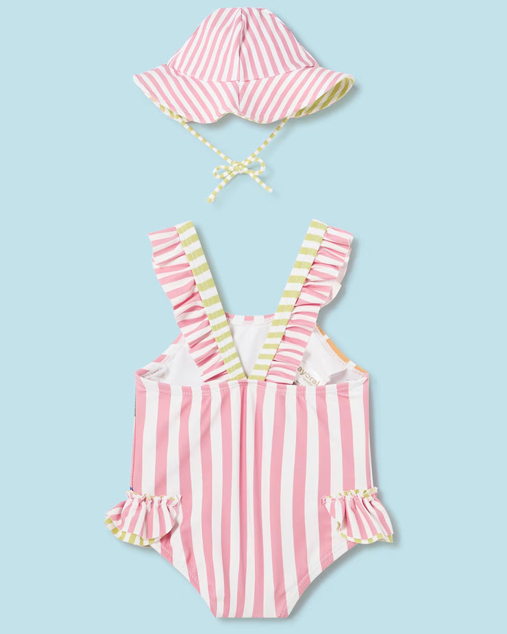 Pink Stripe Printed Swimsuit & Hat Set