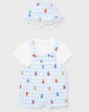 Light Blue Gingham & Popsicle Printed Overalls, Tee, & Hat Set