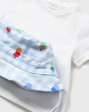 Light Blue Gingham & Popsicle Printed Overalls, Tee, & Hat Set