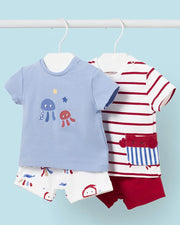 Striped Crab Shirt & Red Shorts Outfit Set