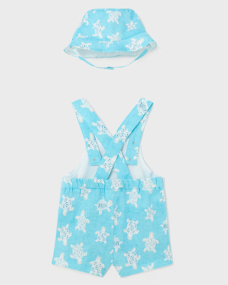 Aqua Blue Turtle Printed Overalls with Hat