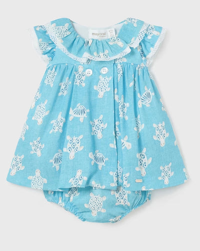 Aqua Turtle Printed Linen Dress with Bloomers