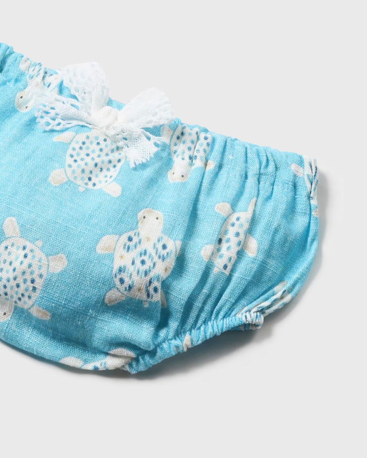 Aqua Turtle Printed Linen Dress with Bloomers