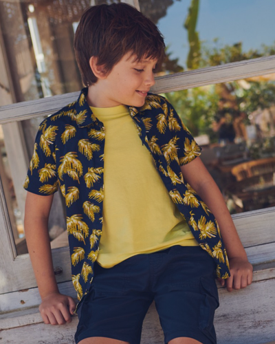Navy & Yellow Palm Big Kid Button Down