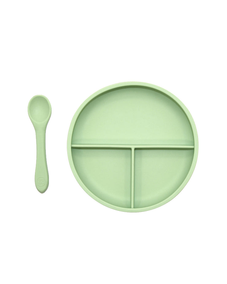 Suction Divider Plate & Spoon Set - Mint