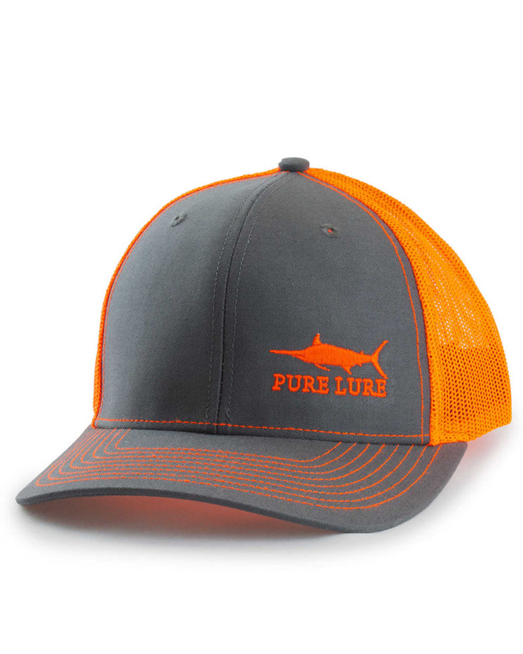 Marlin Richie Trucker Hat on Charcoal & Neon Orange by Pure Lure
