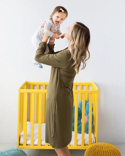 Olive Modal Magnetic Nursing Gown (S-XL)